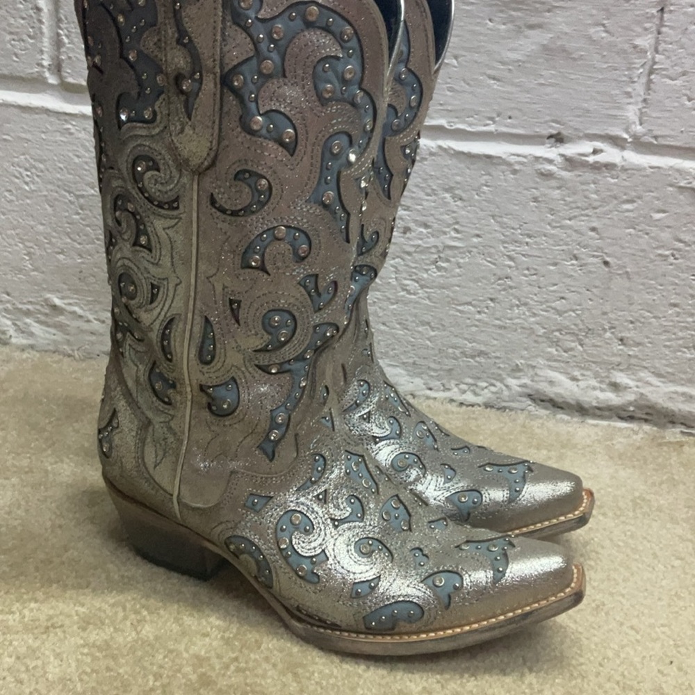 Glamorous Silver and Blue Heeled Boots with Ornate Design